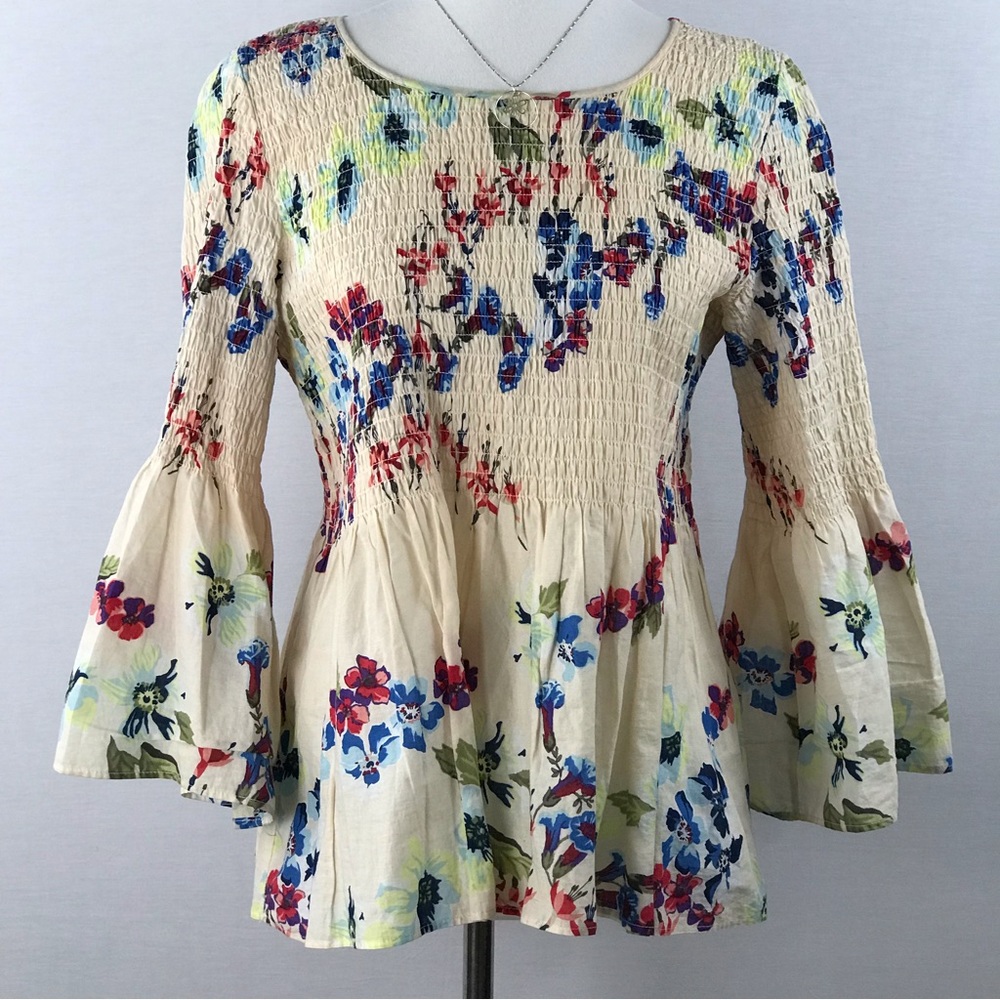 Jane and Delancey 100 % Cotton Floral Peplum Elastic Smocked Top Size S - Picture 2 of 13